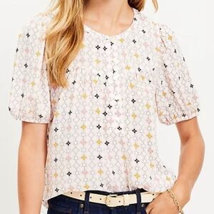 LOFT Floral Angled Yoke Button Mixed Media Top, White, Size L Lightweight EUC